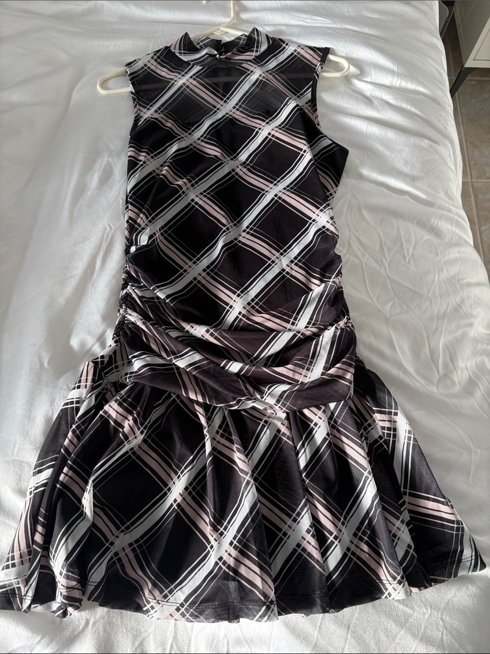 Sleeveless Black Plaid Mini Dress with Pink & White Windowpane